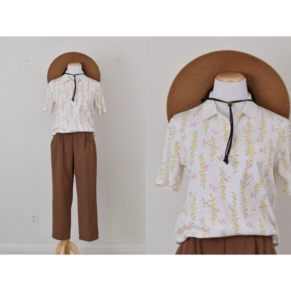 Vintage 80s Ditsy Floral Polo Tee size M - Picture 1 of 10